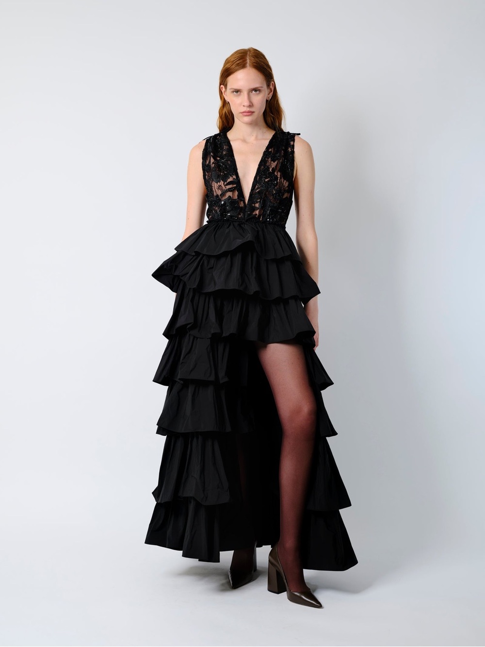 New Aknvas The Etta gown in lace and taffeta, Black Lace Bodice Tiered Ruffle